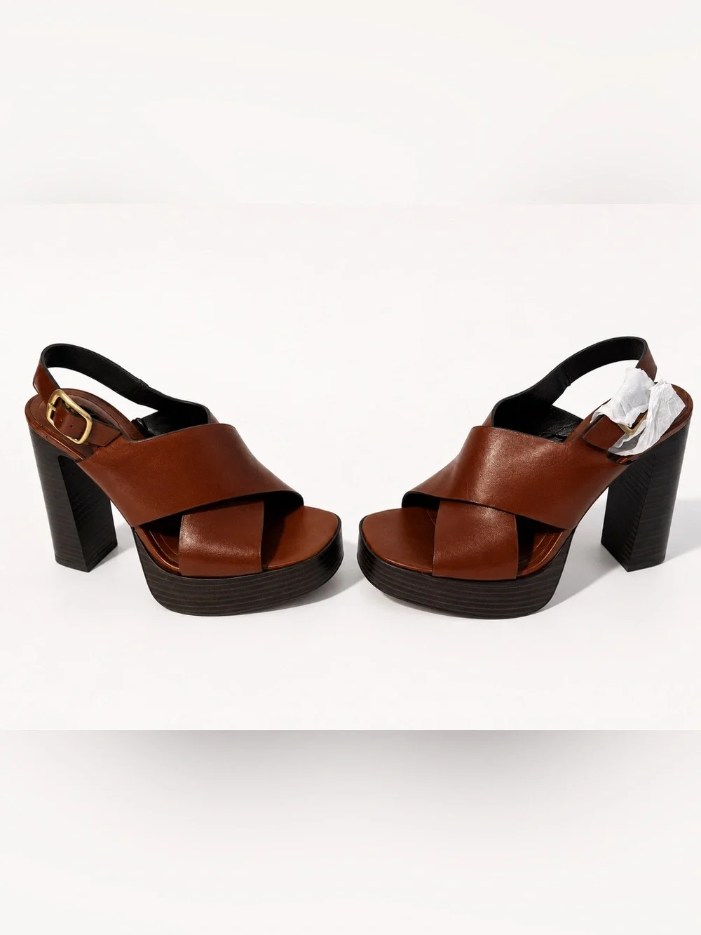 ZARA Women's Brown Leather Platform Slingback Heeled Sandals NWT 7.5